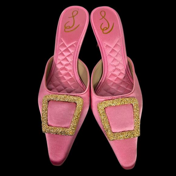 Sam Edelman Brit Satin Mule Pink Pointy Embellished Buckle Quilted Kitten Heel 8 - Picture 14 of 15